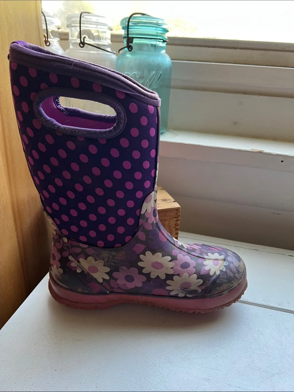 Bogs Kids Purple Pink Floral Polka Dot Winter Rain Boots rated -30 youth size 4